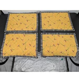 Droll Designs Quilted Placemats Set of 4 Yellow Floral Black Stripe 100% Cotton